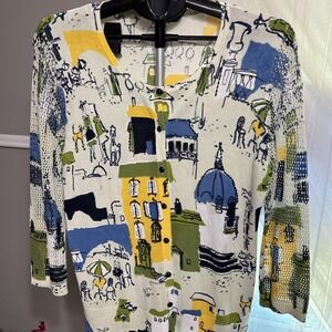 Women's Cardigan Dogs Cityscape Nygard Collection Graphic Beaded Crochet Med